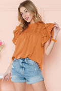 Grapefruit Orange Ruched Frilled Neck Ruffle Blouse