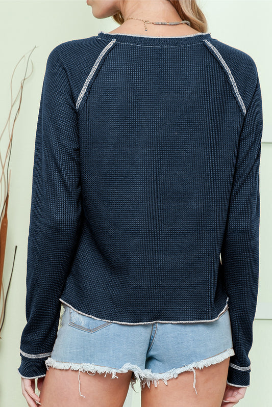 Blue Exposed Seam Textured Pullover Long Sleeve Top