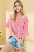 Peach Blossom Ruffled Short Sleeve V Neck Textured Shirt