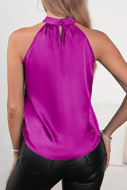 Wholesale Bright Pink Halter Neck Keyhole Back Satin Sleeveless Top