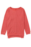 Red Waffle Knit Side Slit Pullover Long Sleeve Top