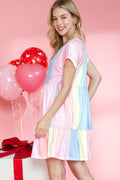 Multicolor Striped Rainbow V Neck Short Sleeve Tiered Dress