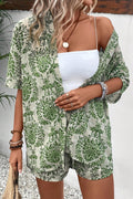 Green Floral Open Front Shirt and Drawstring Shorts Set