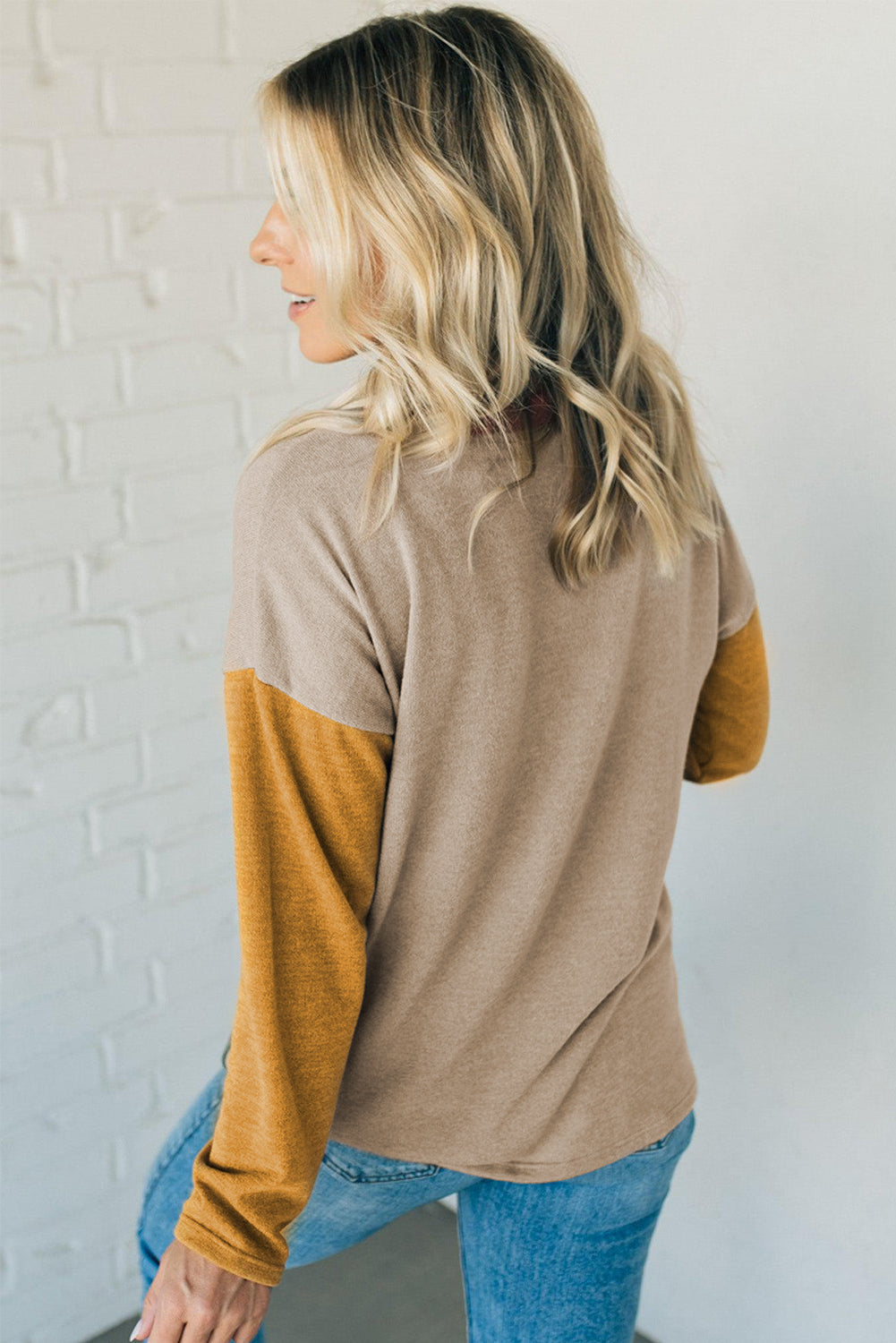 Light French Beige Exposed Seam Colorblock Long Sleeve Top