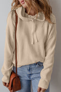 Beige Plain Drawstring Hooded Drop Shoulder Pullover Sweater