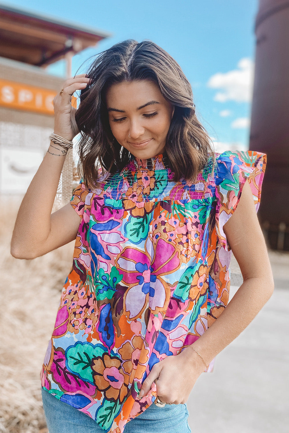 Multicolor Floral Print Ruffle Sleeveless Smocked Blouse