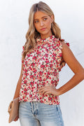 Red Boho Floral Print Ruffled Mock Neck Sleeveless Shirt