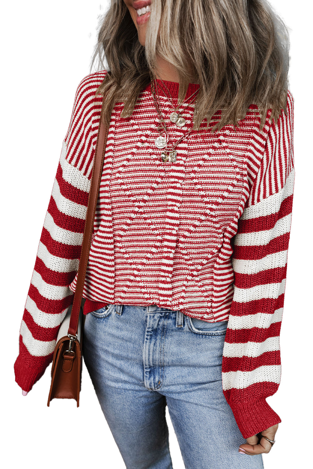 Brown Stripe Twisted Knitted Drop Shoulder Sweater