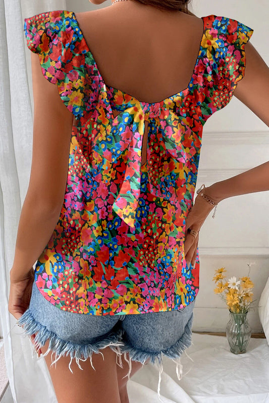 Multicolor Boho Floral Print Ruffle Sleeveless Blouse