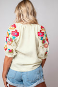 Beige Floral Embroidered Puff Sleeve Ricrac Textured Blouse