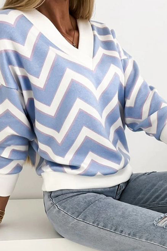 Sky Blue Zigzag Striped Print V Neck Sweater