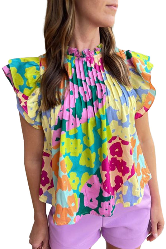 Multicolor Abstract Print Layered Ruffle Sleeve Pleated Blouse