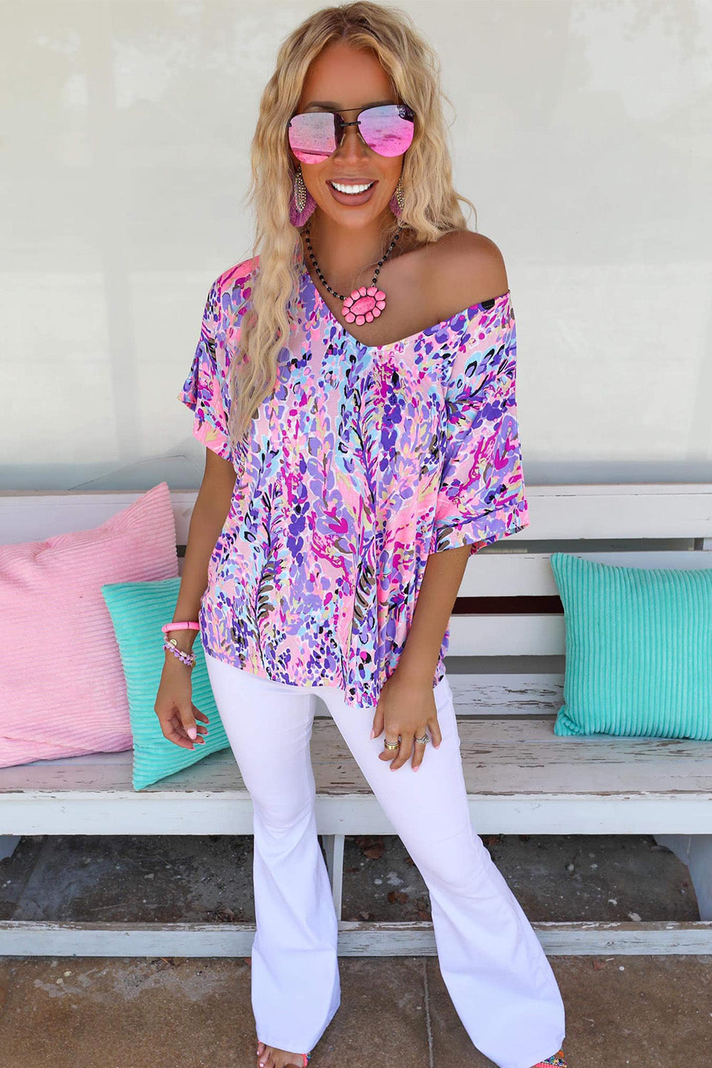 Pink Boho Abstract Floral Print V Neck T Shirt