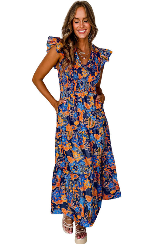 Dark Blue Boho Floral V Neck Ruffle Tiered Long Dress