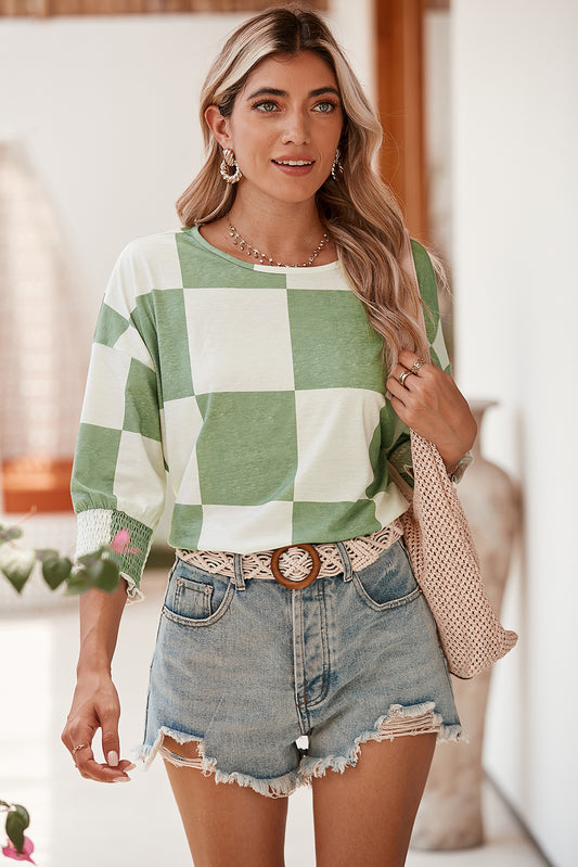 Grass Green Checkered Ruffle Smocked Cuffs Tee