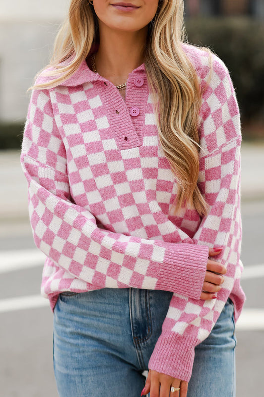 Apricot Checkered Buttons Collar V Neck Drop Shoulder Sweater