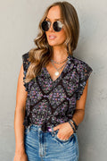 Black Boho Floral Tied V Neck Ruffle Shoulder Blouse