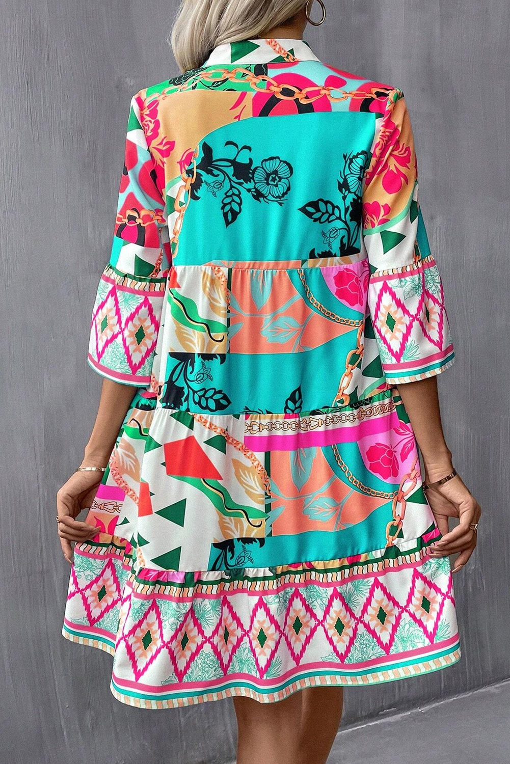 Multicolour Boho Abstract Print Flowy Tiered Dress