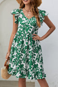 Green Leaf Print V Neck Fluttter Sleeveless Midi Dress