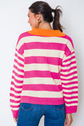 Rose Stripe Color Block Collared V Neck Drop Shoulder Sweater