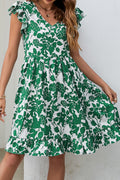 Green Leaf Print V Neck Fluttter Sleeveless Midi Dress