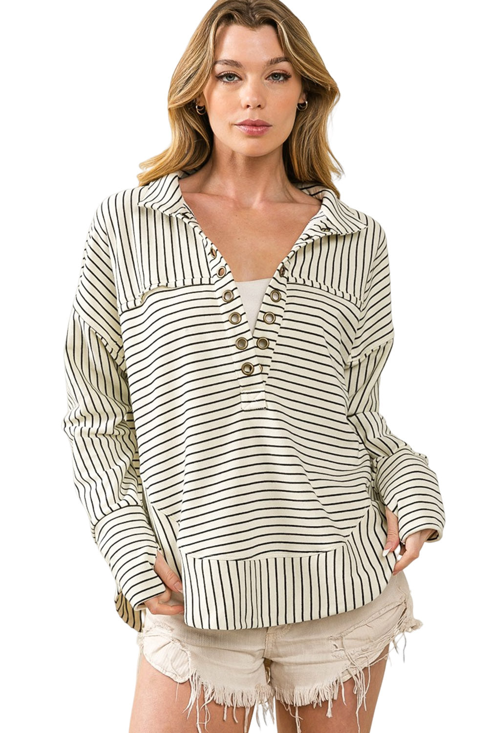 White and Black Striped Grommet Collared Thumbhole Long Sleeve Top