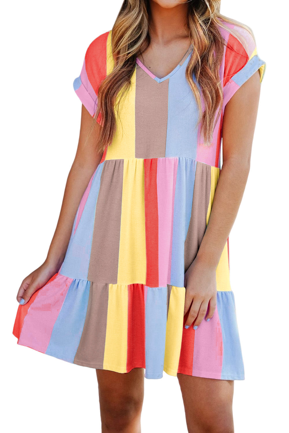 Multicolor Striped Rainbow V Neck Short Sleeve Tiered Dress