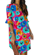 Multicolor Floral Print Mandarin Collar Short Sleeve Tunic Dress