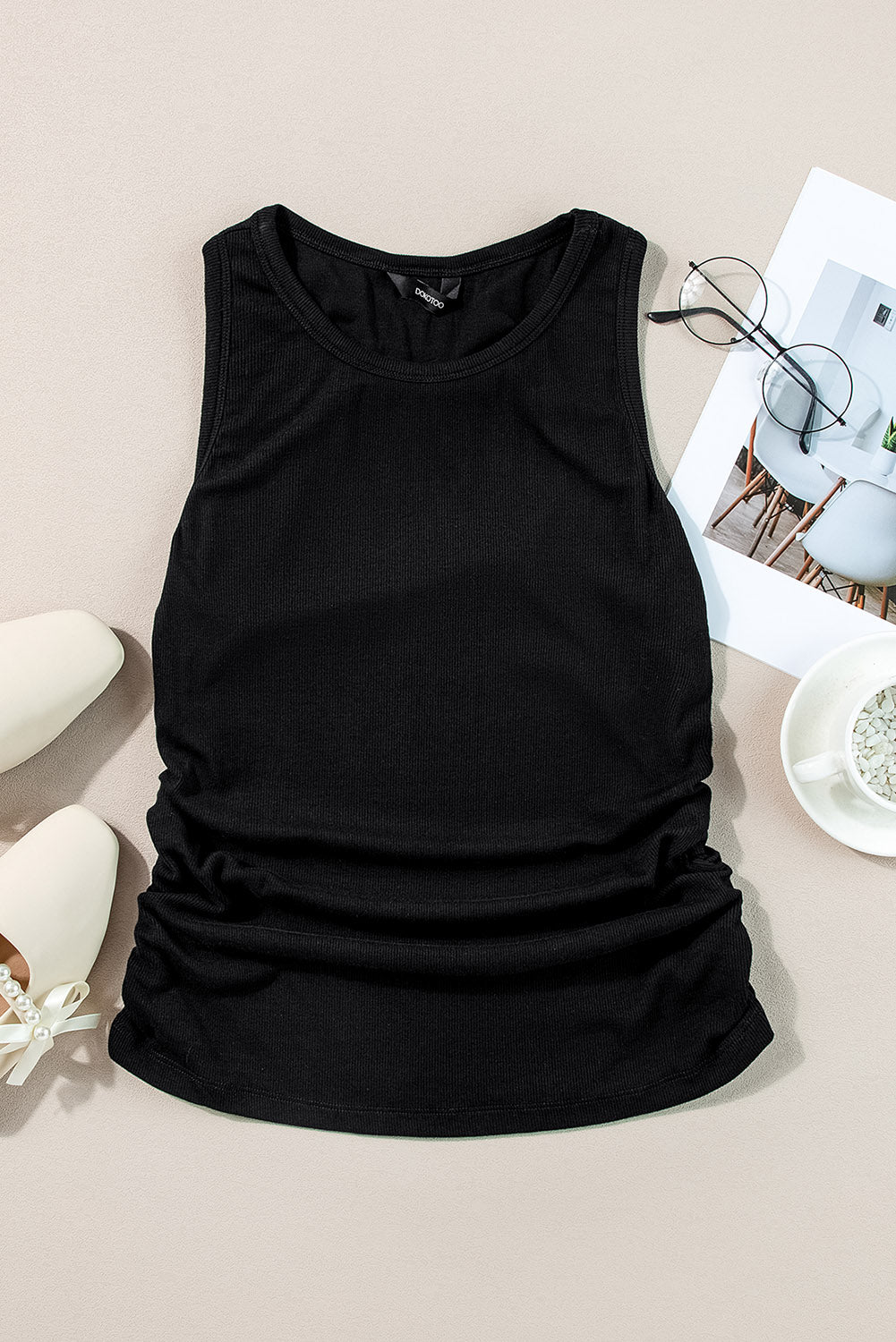 Black Solid Color Ruched Side Ribbed Tank Top