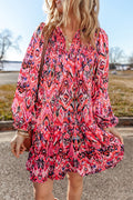 Rose Abstract Printed Tassel Tied Neck Long Sleeve Ruffled Mini Dress