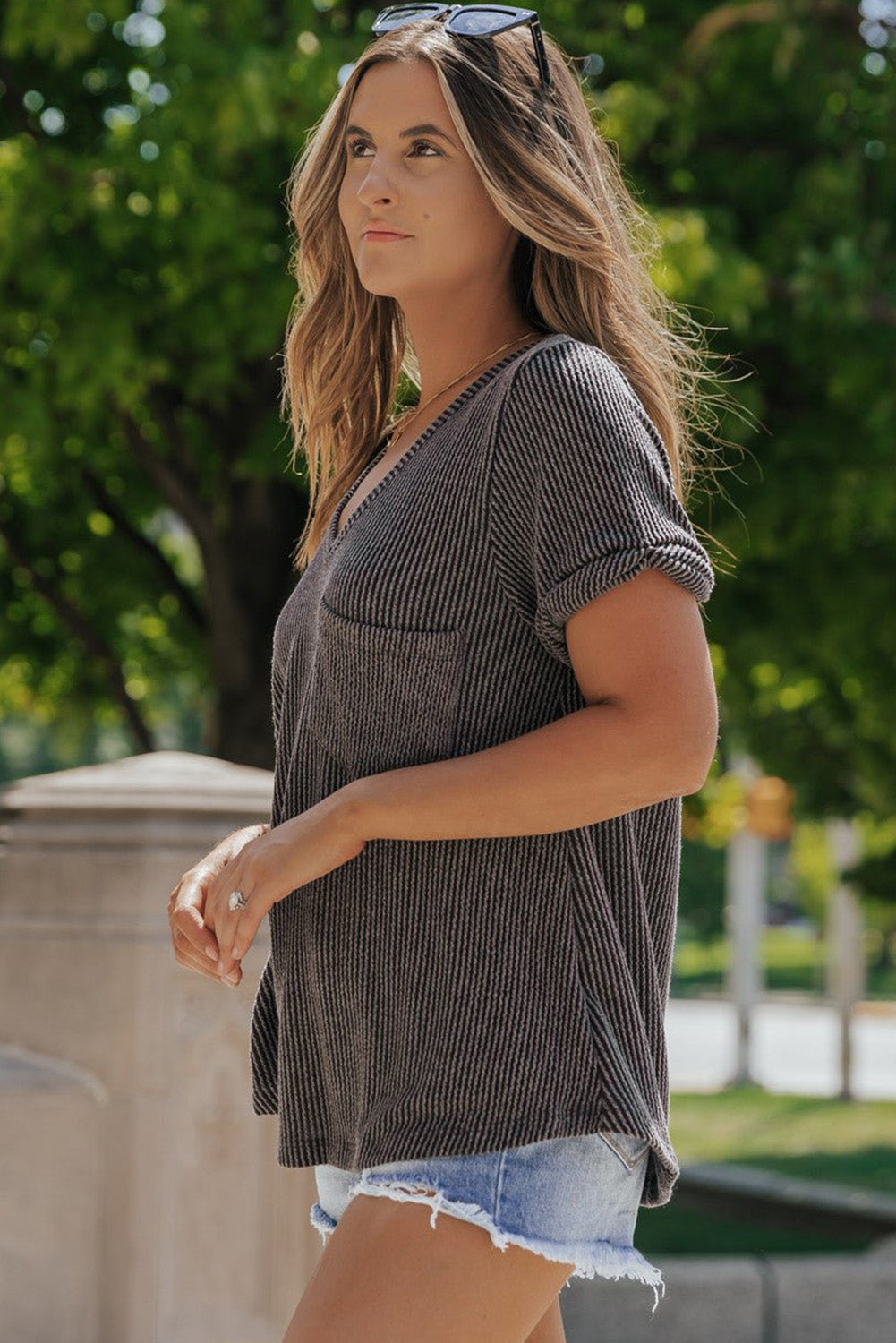 Carbon Grey Corded Pocket V Neck T Shirt