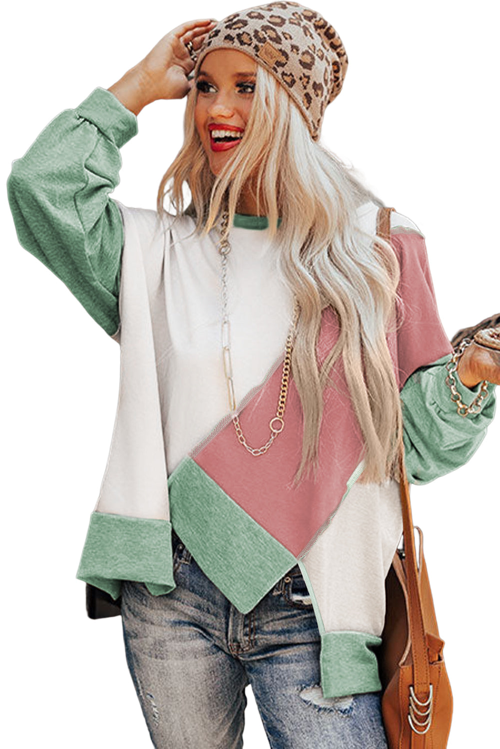 Pink Colorblock Stitching Irregular Hem Long Sleeve Top