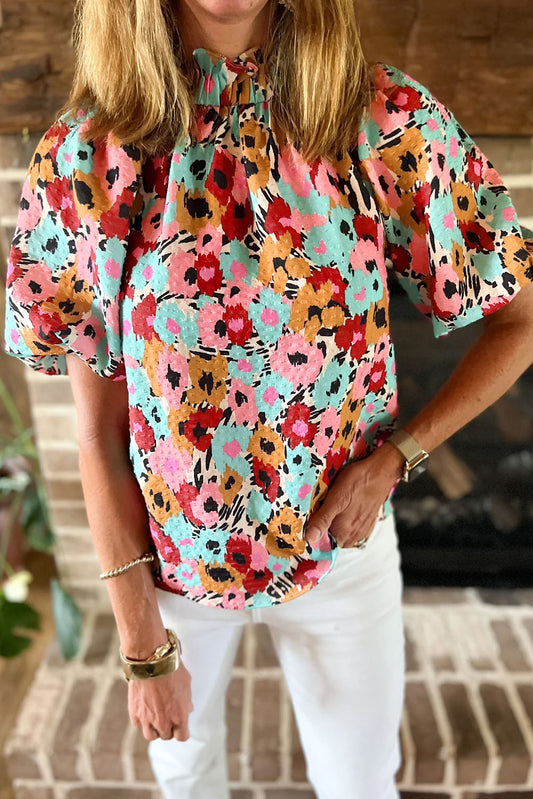 Orange Boho Ruffle Neck Flounce Sleeve Floral Blouse