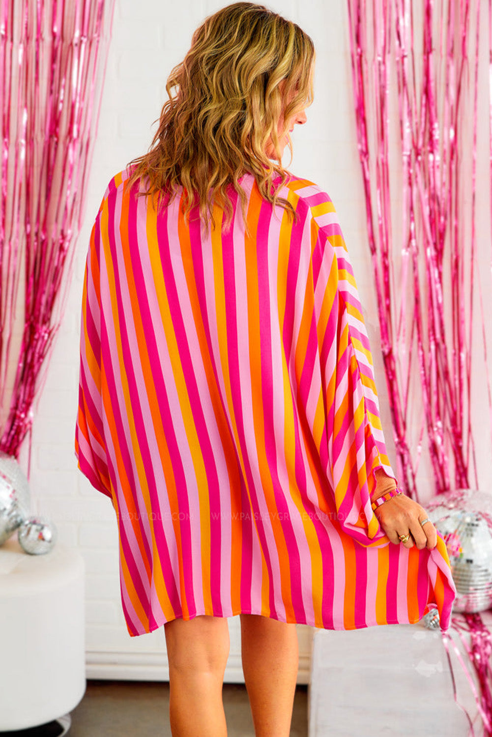 Rose Striped Dolman Sleeve Open Front Kimono