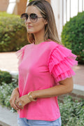 Pink Plain Round Neck Tulle Ruffle Sleeve Blouse