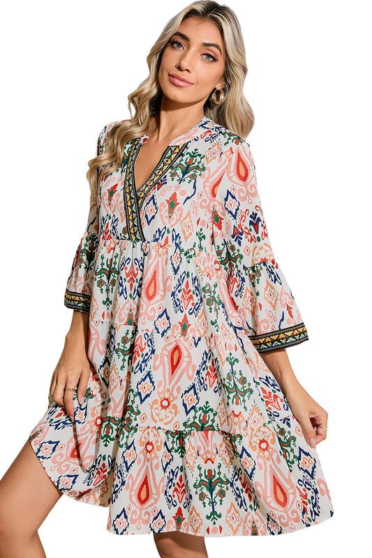 Multicolour Abstract Print Bell Sleeve Tiered Mini Dress