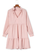 Pink Casual Stand V Neck Short Frill Dress