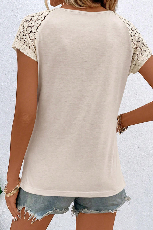 White Contrast Lace Sleeve Keyhole Neck Pleated T Shirt