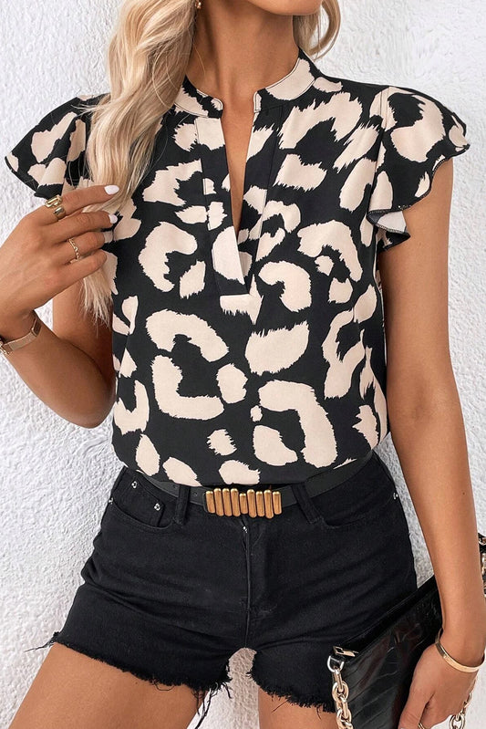 Pink Abstract Print Casual V Neck Ruffle Sleeve Blouse