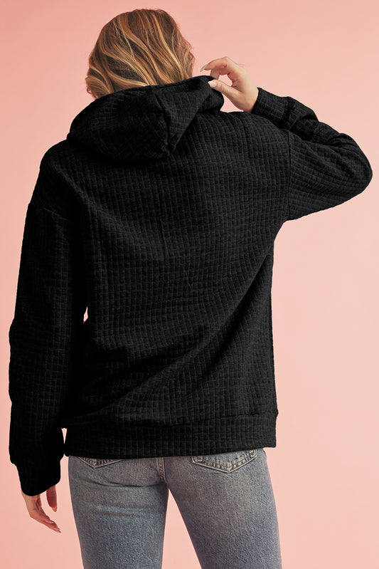 Black Lattice Textured Kangaroo Pocket Drawstring Hoodie