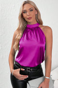 Wholesale Bright Pink Halter Neck Keyhole Back Satin Sleeveless Top