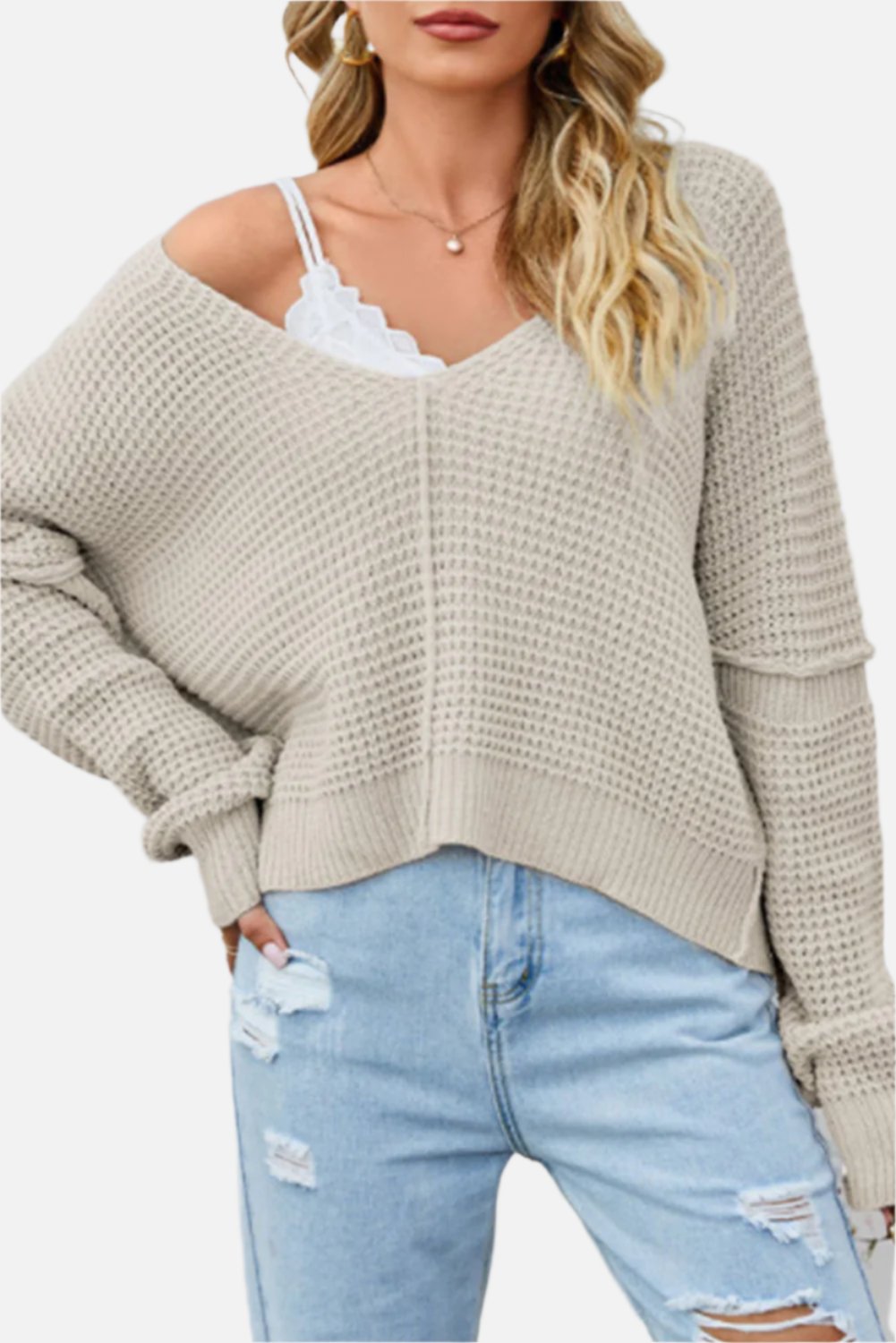 Apricot Solid Color Waffle Knit V Neck Sweater