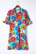 Multicolor Floral Print Mandarin Collar Short Sleeve Tunic Dress