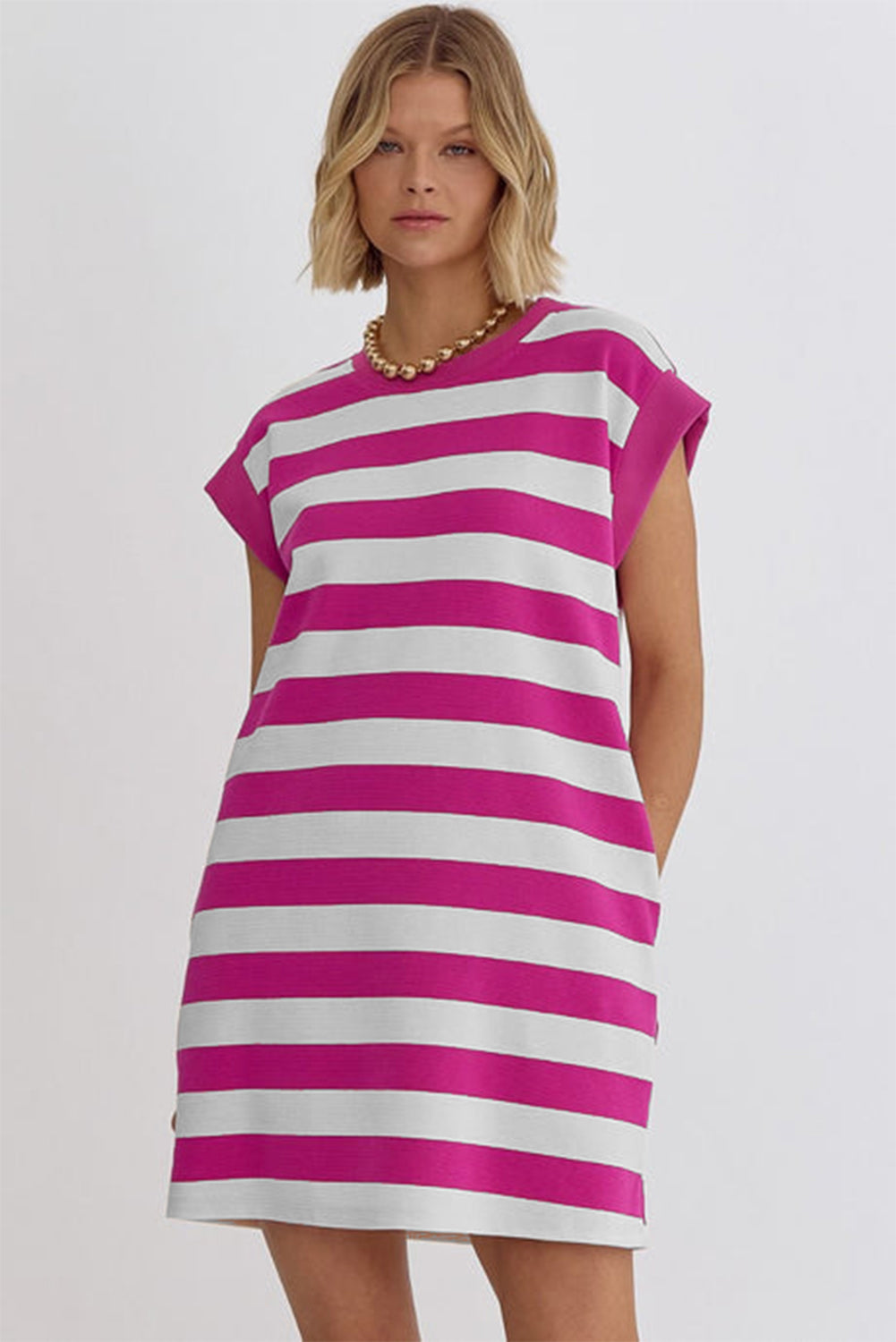 Rose Stripe Cap Sleeve Pocketed T-shirt Dress