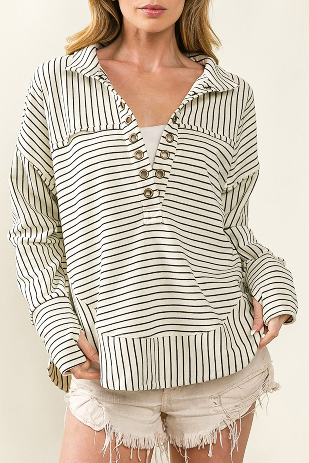 White and Black Striped Grommet Collared Thumbhole Long Sleeve Top