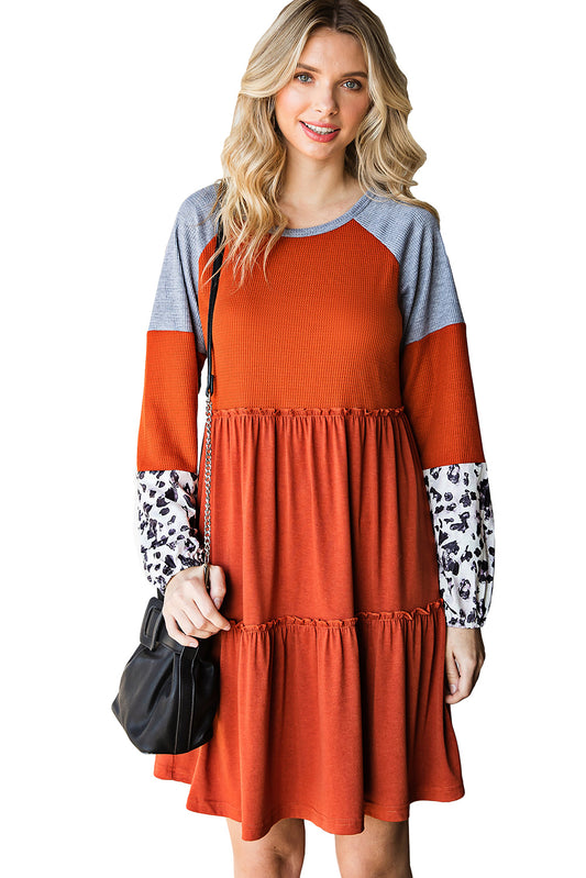 Brown Waffle Leopard Colorblock Long Sleeve Knit Short Dress