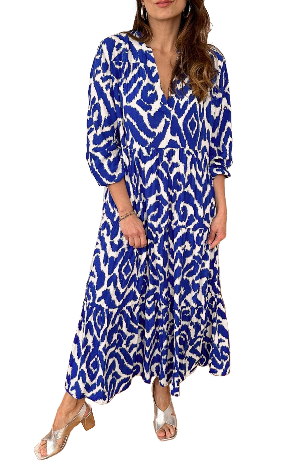 Blue Abstract Print V Neck Tiered Maxi Dress