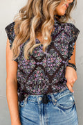 Black Boho Floral Tied V Neck Ruffle Shoulder Blouse