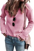 Pink Basic Ribbed Knit V Neck Sweater