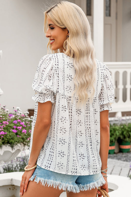 White Floral Embroidered Ethnic Printed Crinkle Blouse